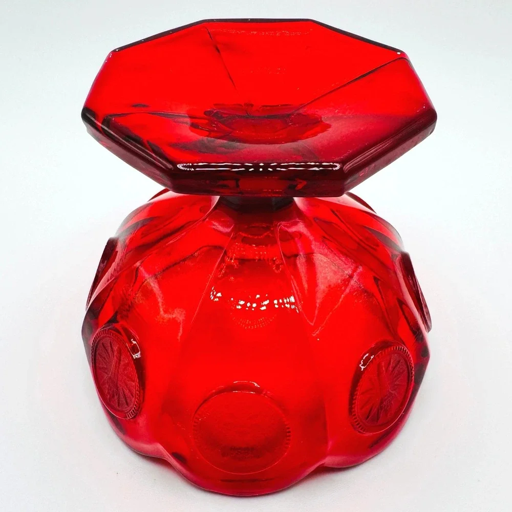 Fostoria Coin Glass Ruby Red Footed Compote Candy Dish UV Reactive Vintage